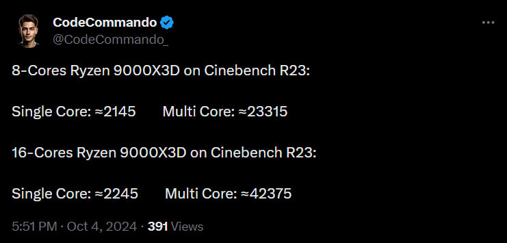 AMD Ryzen 9000X3D в тестах Cinebench R23, на 10-30% быстрее, чем 7000X3D
