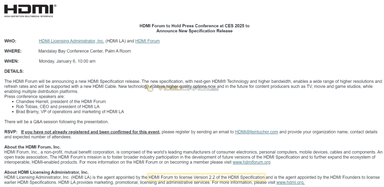 Официально: HDMI LA на CES 2025 представит HDMI 2.2 с более высокой пропускной способностью