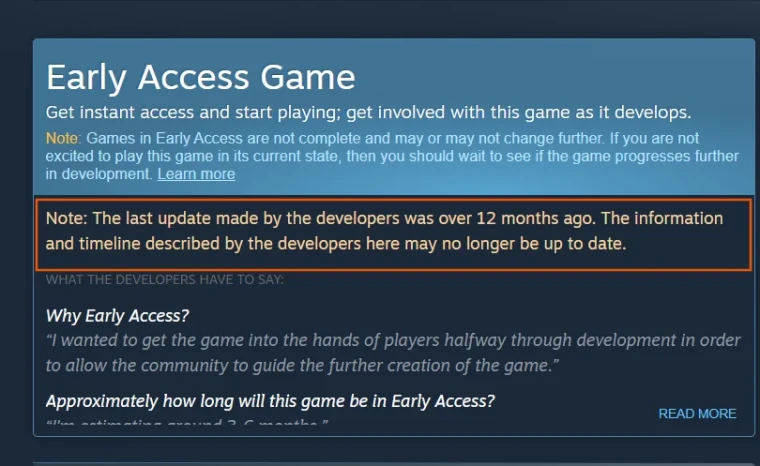 Valve стала предупреждать на странице Steam, если игра в раннем доступе давно не обновлялась