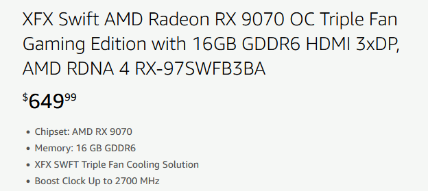 XFX Radeon RX 9070 XT в просочившимся списке продается за $750, а RX 9070 - за $650