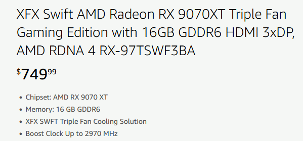 XFX Radeon RX 9070 XT в просочившимся списке продается за $750, а RX 9070 - за $650