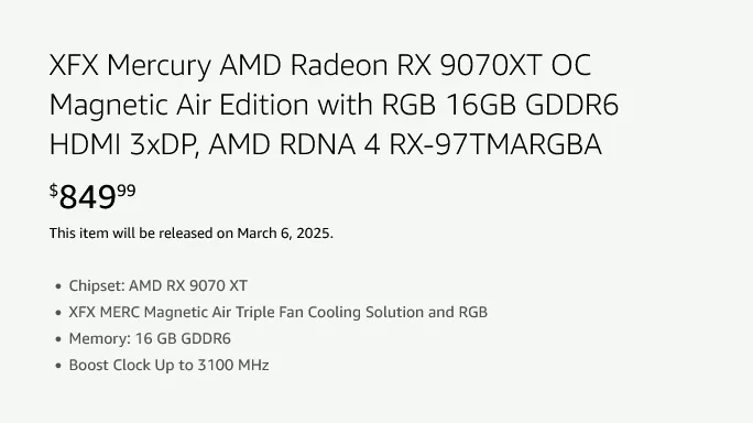 XFX Radeon RX 9070 XT в просочившимся списке продается за $750, а RX 9070 - за $650