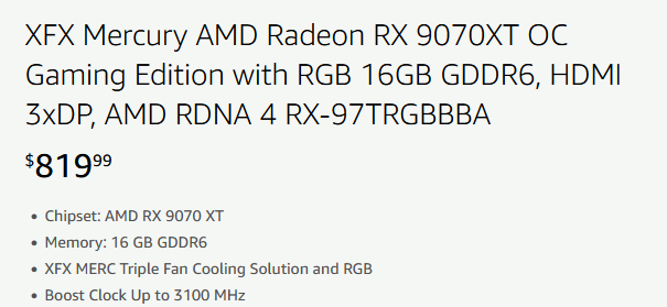 XFX Radeon RX 9070 XT в просочившимся списке продается за $750, а RX 9070 - за $650