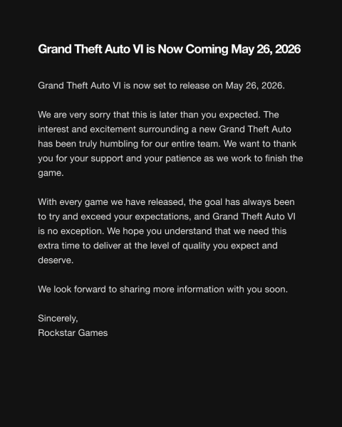 Grand Theft Auto 6 получила дату выхода - игра выйдет в конце мая 2026 года