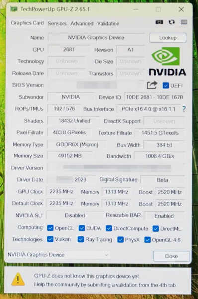 Протестирован никогда не выпускавшийся прототип NVIDIA TITAN ADA: 18432 ядра, 48 ГБ памяти GDDR6X и два разъема питания