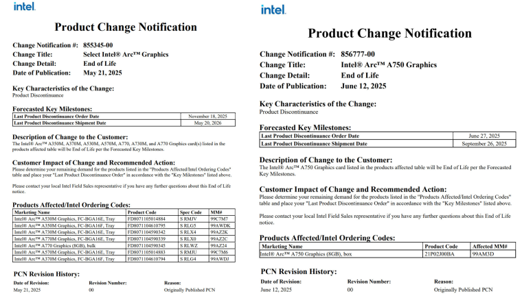 Intel официально прекращает выпуск мобильных и настольных графических процессоров Arc Alchemist A750 и A770